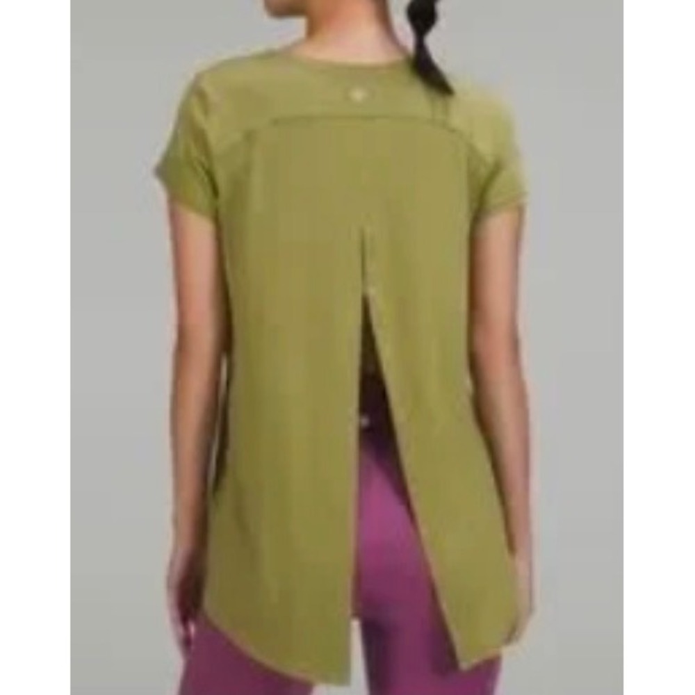 Lululemon Its A Tie Short Sleeve Shirt Bronze Green Silk Blend Open Back Size 12